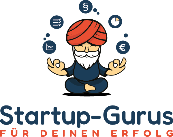 Logo der Startup-Gurus mit meditierendem Guru und Symbolen für Gründung, Finanzen, Recht und Zeitmanagement.